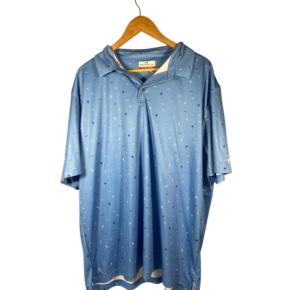Performance Mens Blue Golf Polo Shirt All Over Print Palm Trees & Golf Clubs XXL